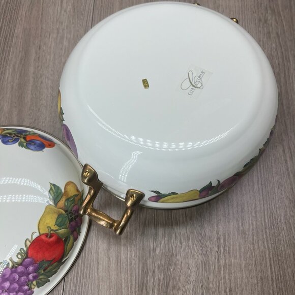 Cornucopia Enamel On Steel 3 Quart Covered Casserole Fruit Pattern Brass Handle - Picture 10 of 13